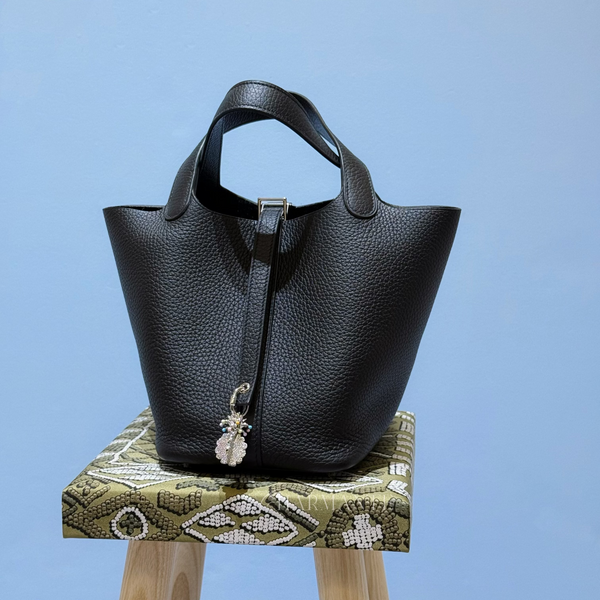 hermes black picotin bucket bag with pineapple bag charm