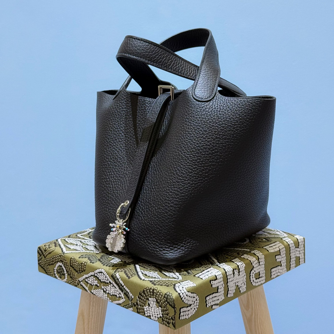 Black picotin with pave pineapple bag charm