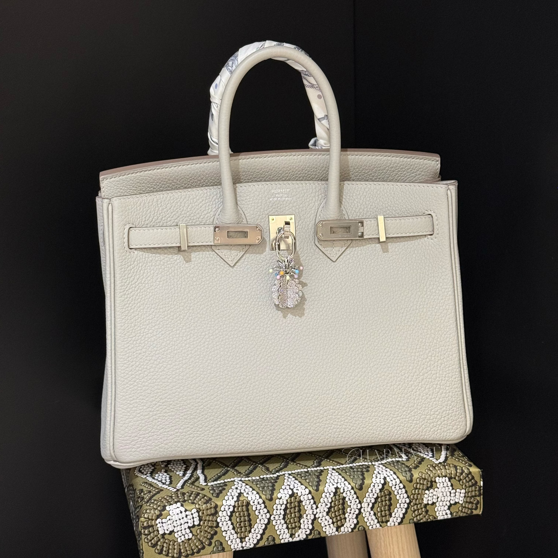 Grey Birkin 25 with Pave pineapple bag charm