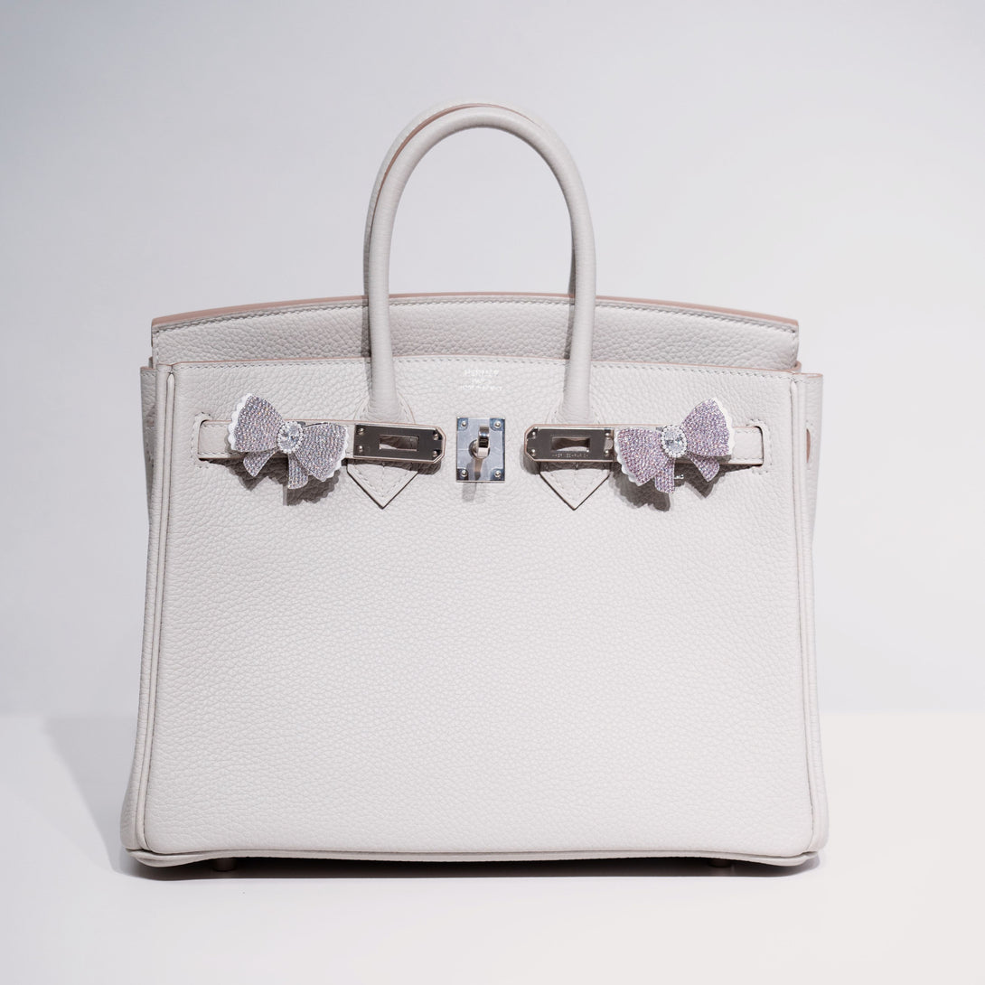 Pink Pavé Bow Birkin Pontet Clip-On Bag Charm Display on Birkin 25