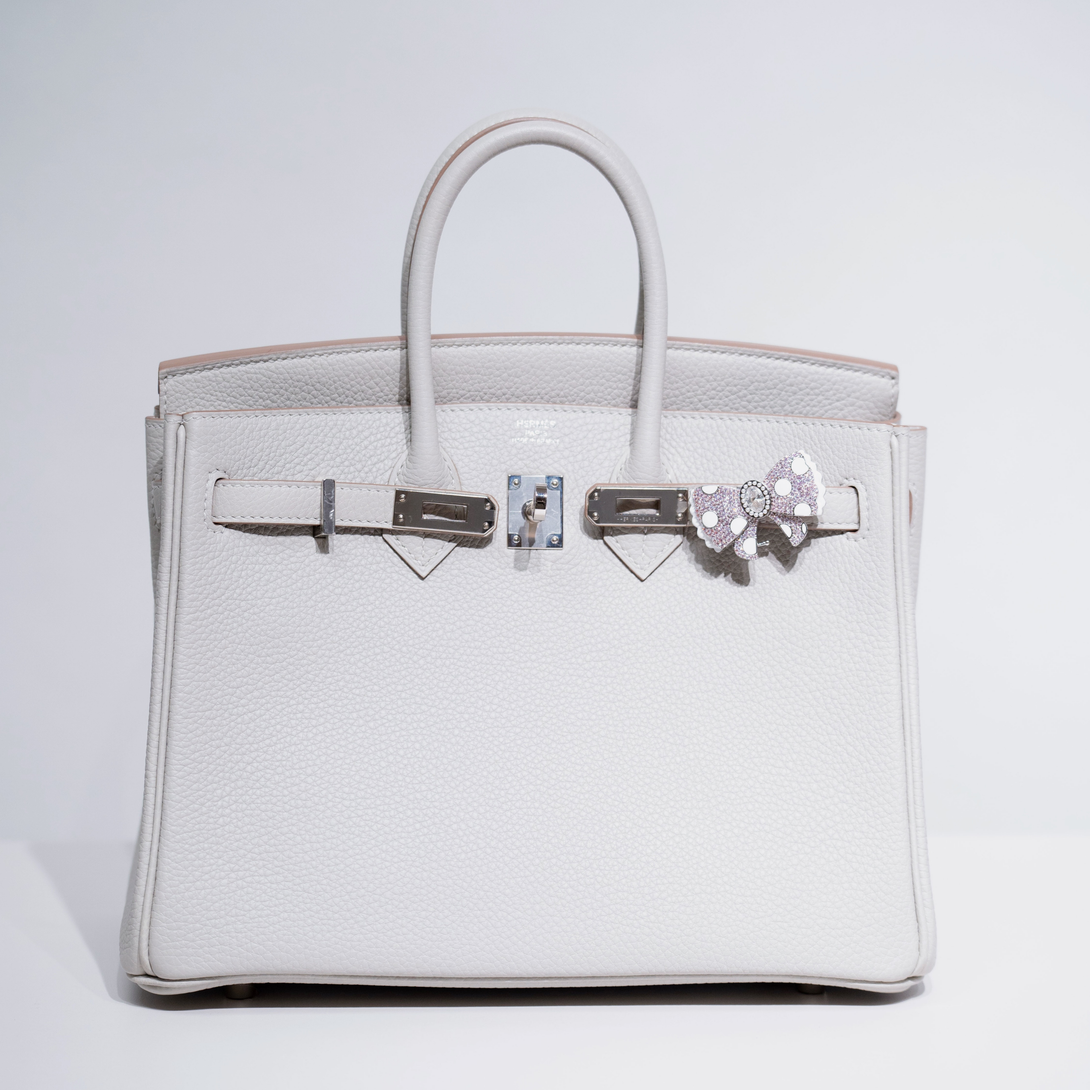 Pink Pavé Polka Dot Bow Birkin Pontet Clip On Bag Charm display on birkin 25