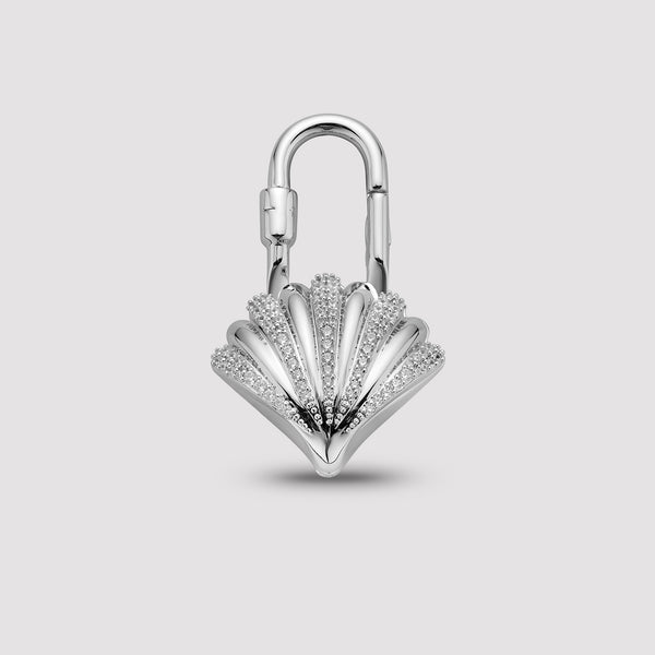 Silver front of seashell bag charm on a light gray background, this bag charm is design for hermes bag