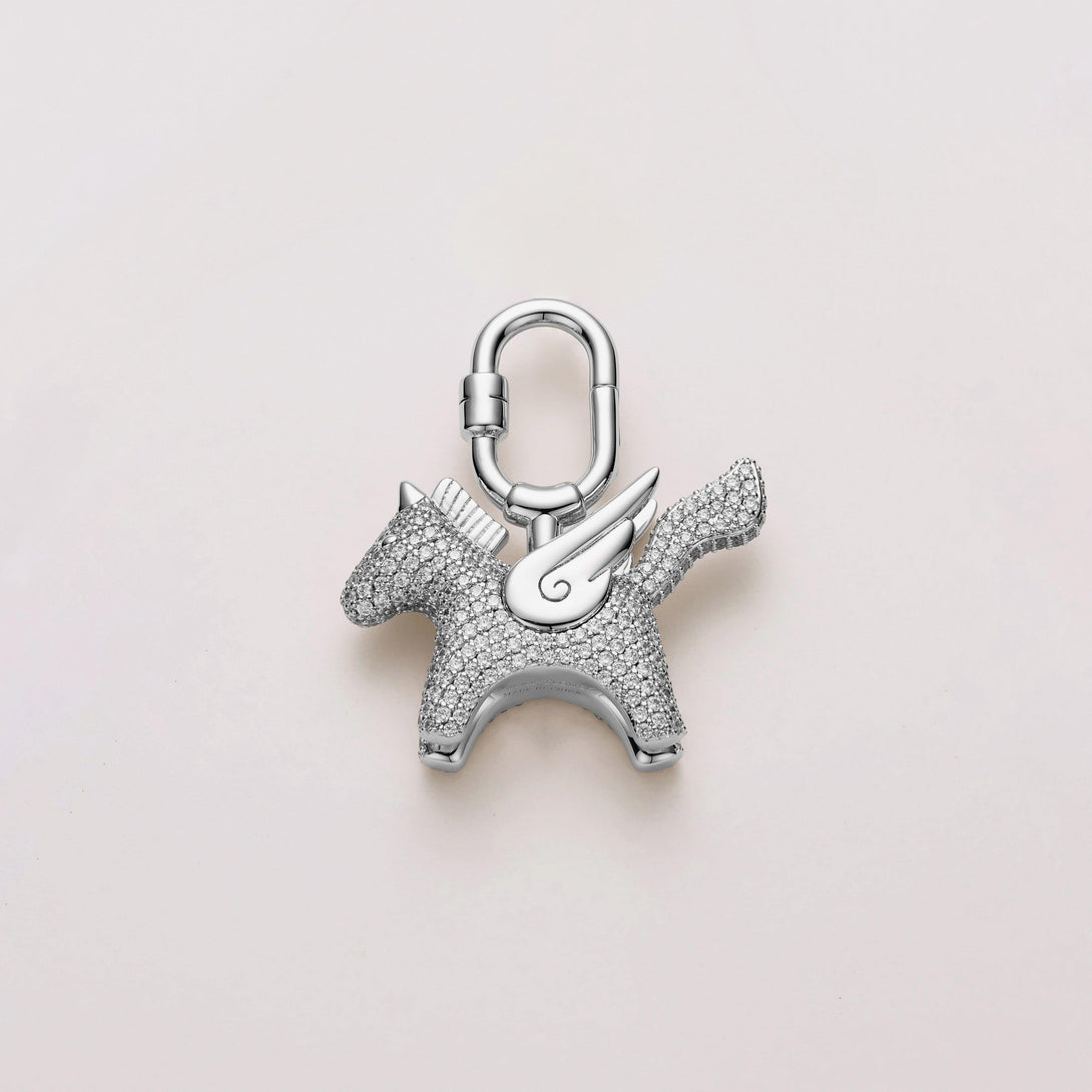 Charming Pegasus pony design bag charm with silver and sparkling pavé stones, Hermès-compatible and designed to elevate luxury handbags.