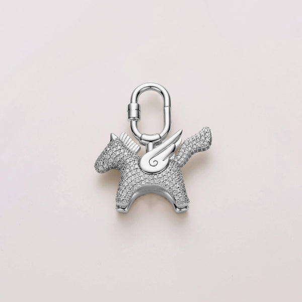 Charming Pegasus pony design bag charm with silver and sparkling pavé stones, Hermès-compatible and designed to elevate luxury handbags.