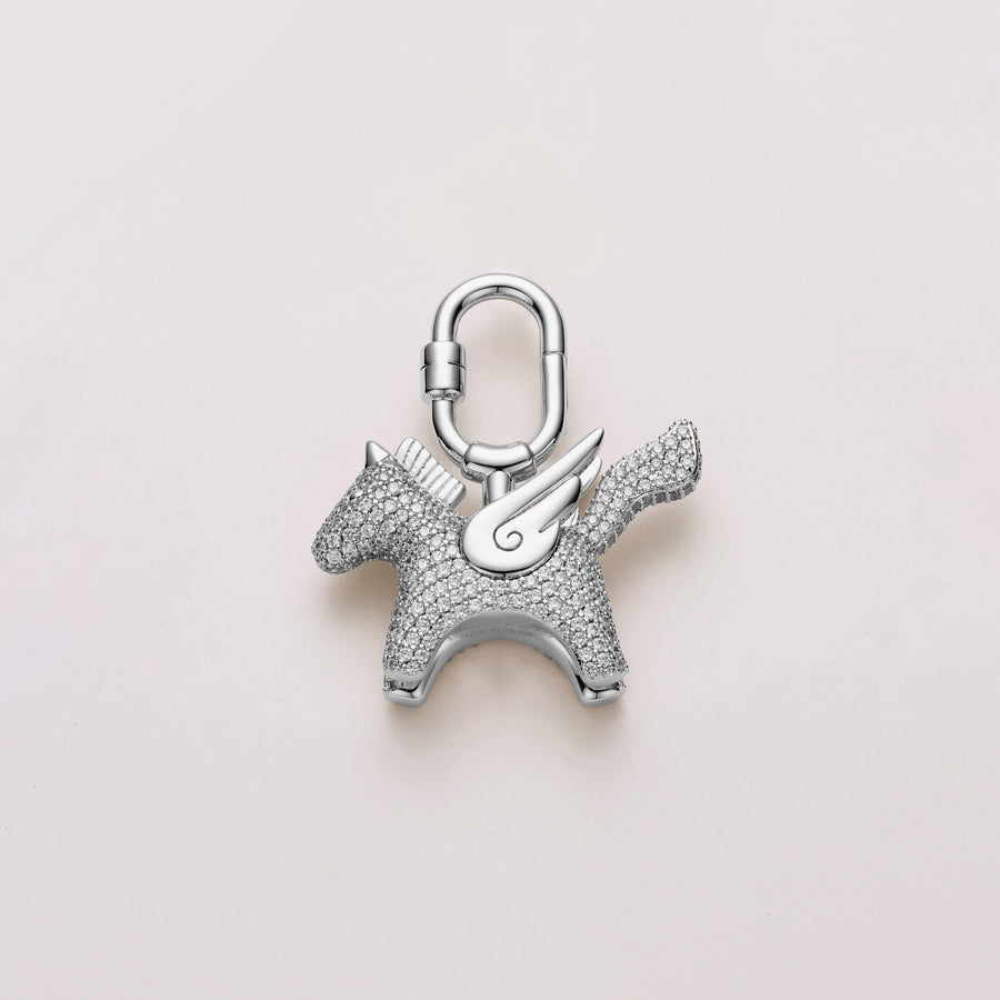 Charming Pegasus pony design bag charm with silver and sparkling pavé stones, Hermès-compatible and designed to elevate luxury handbags.